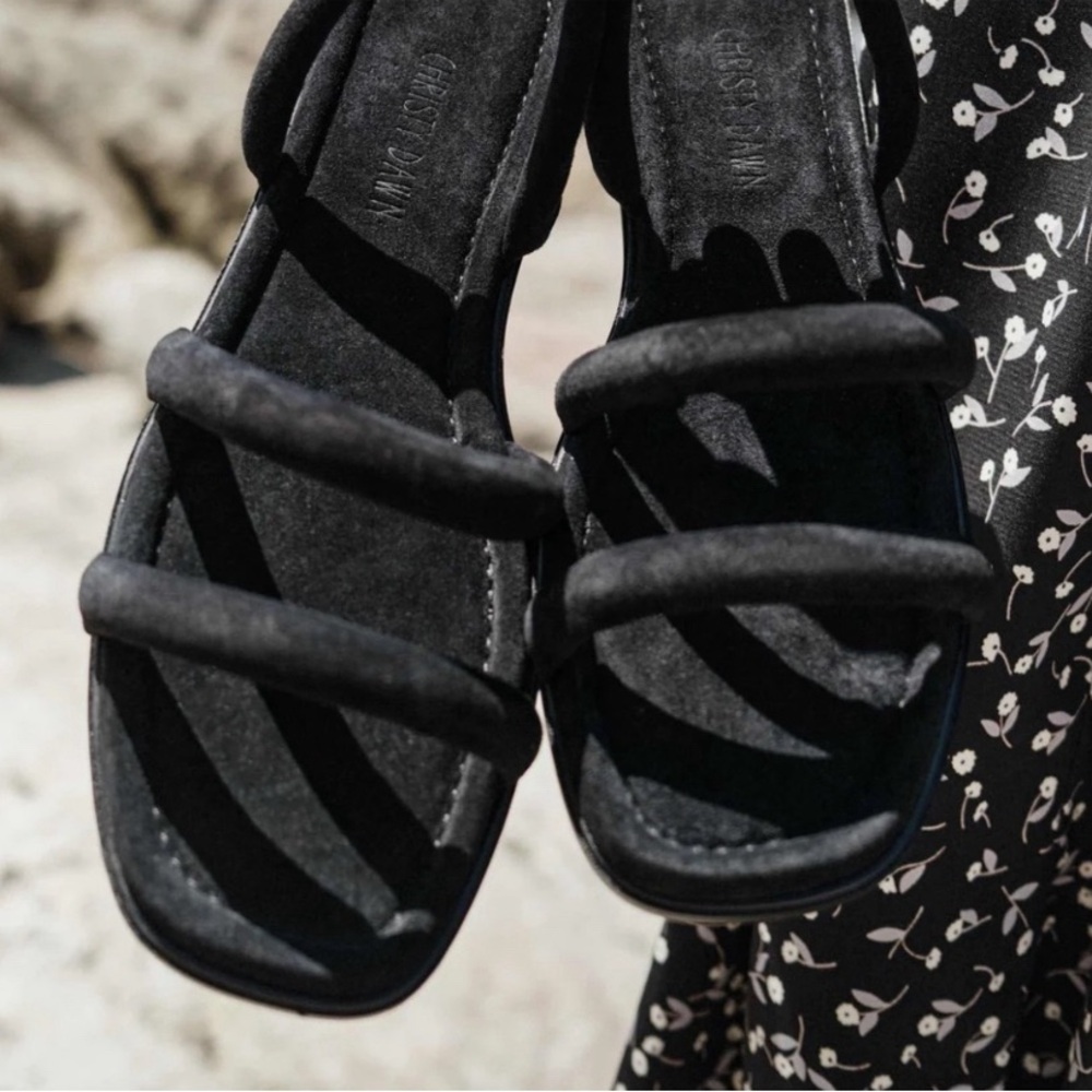 Christy Dawn The Monroe Sandal in Noir Suede Black Leather New size 9